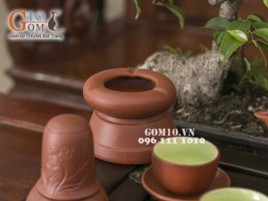 Bộ ấm chén tử sa đắp nổi hoa phù dung đỏ, đầy đủ phụ kiện