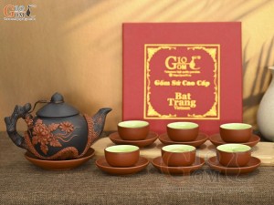 Bộ ấm chén tử sa đắp nổi hoa phù dung đỏ đen 380ml