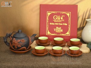 Bộ ấm chén tử sa đắp nổi hoa phù dung đỏ đen 380ml
