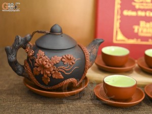 Bộ ấm chén tử sa đắp nổi hoa phù dung đỏ đen 380ml