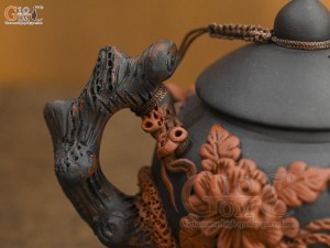 Bộ ấm chén tử sa đắp nổi hoa phù dung đỏ đen 380ml