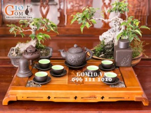 Bộ ấm chén tử sa đắp nổi hoa sen 350ml, đầy đủ phụ kiện