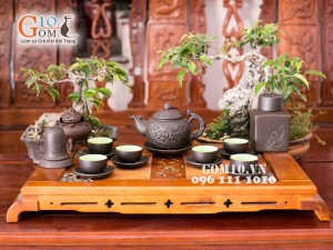 Bộ ấm chén tử sa đắp nổi hoa sen 350ml, đầy đủ phụ kiện