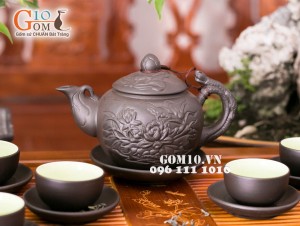 Bộ ấm chén tử sa đắp nổi hoa sen 350ml, đầy đủ phụ kiện