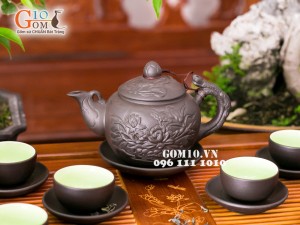 Bộ ấm chén tử sa đắp nổi hoa sen 350ml, đầy đủ phụ kiện