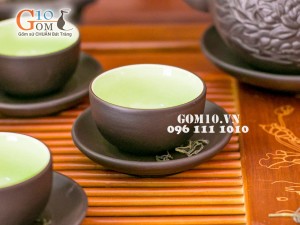 Bộ ấm chén tử sa đắp nổi hoa sen 350ml, đầy đủ phụ kiện