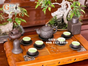 Bộ ấm chén tử sa đắp nổi hoa sen 350ml, đầy đủ phụ kiện