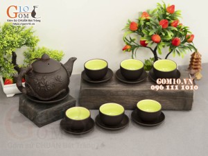 Bộ ấm chén tử sa đắp nổi hoa sen đen, 350ml