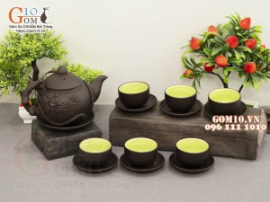 Bộ ấm chén tử sa đắp nổi hoa sen đen, 350ml