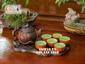 Bộ ấm chén tử sa đắp nổi hoa sen đỏ đen, khay lá sen