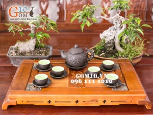 Bộ ấm chén tử sa đắp nổi hoa sen