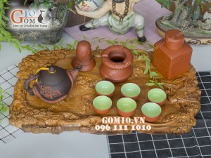 Bộ ấm chén tử sa đắp nổi lão tùng đỏ đen 380ml, đầy đủ phụ kiện và khay