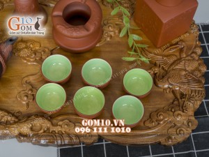 Bộ ấm chén tử sa đắp nổi lão tùng đỏ đen 380ml, đầy đủ phụ kiện và khay