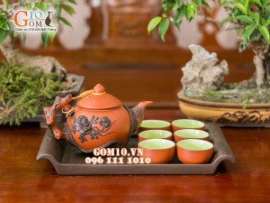 Bộ ấm chén tử sa đắp nổi phù dung đen đỏ 500ml