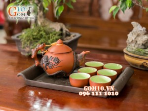 Bộ ấm chén tử sa đắp nổi phù dung đen đỏ 380ml