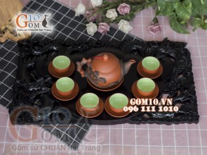 Bộ ấm chén tử sa đắp nổi Tùng Đen đỏ, 380ml