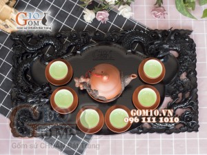 Bộ ấm chén tử sa đắp nổi Tùng Đen đỏ, 380ml
