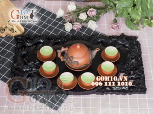 Bộ ấm chén tử sa đắp nổi Tùng Đen đỏ, 380ml