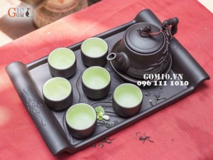 Bộ ấm chén tử sa đắp trúc chén lòng xanh, khay chữ nhật