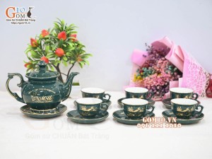 Bộ ấm chén Vinh Hoa Phú Quý men xanh, chỉ vàng kim họa tiết Trĩ đào, in logo quà tặng