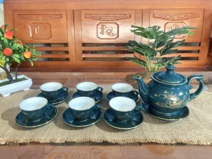 Bộ ấm chén Vinh Hoa Phú Quý men xanh chỉ vàng kim họa tiết Trĩ đào, 500ml