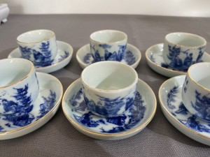 Bộ ấm chén vung lõm men lam, cảnh trúc lâm thất hiền chỉ vàng kim