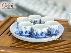 Bộ ấm chén vung lõm men lam cổ, cảnh trúc lâm thất hiền, khay tròn kẻ chỉ vàng kim