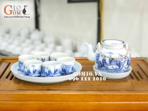 Bộ ấm chén vung lõm men lam cổ, cảnh trúc lâm thất hiền, khay tròn kẻ chỉ vàng kim