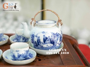 Bộ ấm chén vung lõm, men lam cổ, cảnh trúc lâm thất hiền, kẻ chỉ vàng, đủ phụ kiện