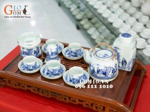 Bộ ấm chén vung lõm, men lam cổ, cảnh trúc lâm thất hiền, kẻ chỉ vàng, đủ phụ kiện