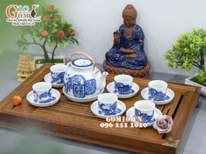 Bộ ấm chén vung lõm men lam cổ vẽ Mai Thọ, 330ml