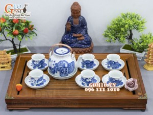 Bộ ấm chén vung lõm men lam cổ vẽ Mai Thọ, 330ml