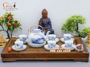 Bộ ấm chén vung lõm men lam cổ vẽ Phi Minh Túc Thực, 330ml