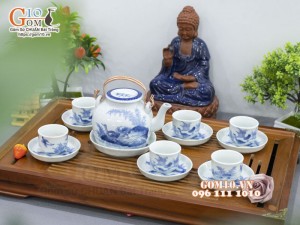 Bộ ấm chén vung lõm men lam cổ vẽ Phi Minh Túc Thực, 330ml