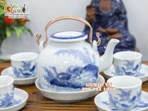 Bộ ấm chén vung lõm men lam cổ vẽ Phi Minh Túc Thực, 330ml