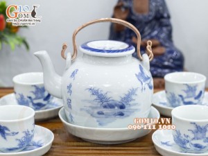 Bộ ấm chén vung lõm men lam cổ vẽ Phi Minh Túc Thực, 330ml