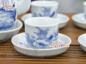 Bộ ấm chén vung lõm men lam cổ vẽ Phi Minh Túc Thực, 330ml