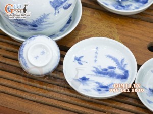 Bộ ấm chén vung lõm men lam cổ vẽ Phi Minh Túc Thực, 330ml