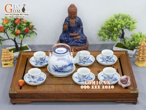 Bộ ấm chén vung lõm men lam cổ vẽ Phi Minh Túc Thực, 330ml