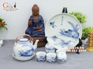 Bộ ấm chén vung lõm men lam cổ vẽ Phi Minh Túc Thực khay tròn, 330ml