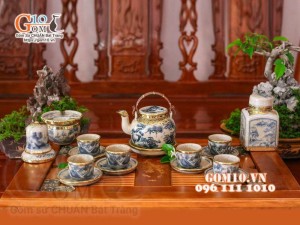 Bộ ấm chén vung lõm men rạn cổ bọc đồng đầy đủ phụ kiện