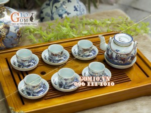 Bộ ấm chén vung lõm men rong cổ họa tiết Trúc Lâm Thất Hiền 350ml - Vẽ vàng 24k