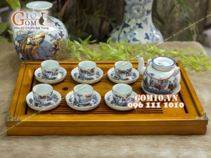 Bộ ấm chén vung lõm men rong cổ họa tiết Trúc Lâm Thất Hiền 350ml - Vẽ vàng 24k