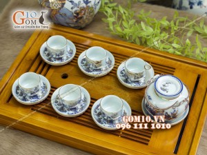 Bộ ấm chén vung lõm men rong cổ họa tiết Trúc Lâm Thất Hiền 350ml - Vẽ vàng 24k