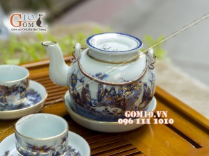 Bộ ấm chén vung lõm men rong cổ họa tiết Trúc Lâm Thất Hiền 350ml - Vẽ vàng 24k