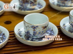 Bộ ấm chén vung lõm men rong cổ họa tiết Trúc Lâm Thất Hiền 350ml - Vẽ vàng 24k