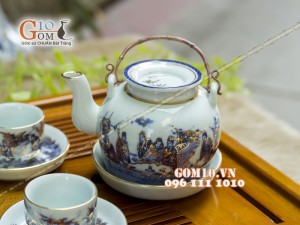 Bộ ấm chén vung lõm men rong cổ họa tiết Trúc Lâm Thất Hiền 350ml - Vẽ vàng 24k