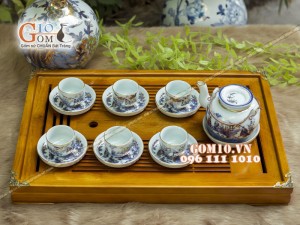 Bộ ấm chén vung lõm men rong cổ họa tiết Trúc Lâm Thất Hiền 350ml - Vẽ vàng 24k