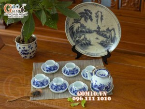 Bộ ấm chén vung lõm quai đồng men lam cổ, cảnh Trúc lâm thất hiền 350ml