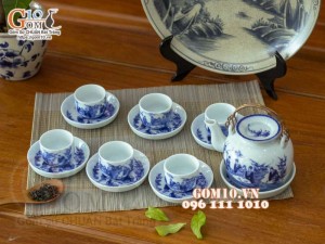 Bộ ấm chén vung lõm quai đồng men lam cổ, cảnh Trúc lâm thất hiền 350ml